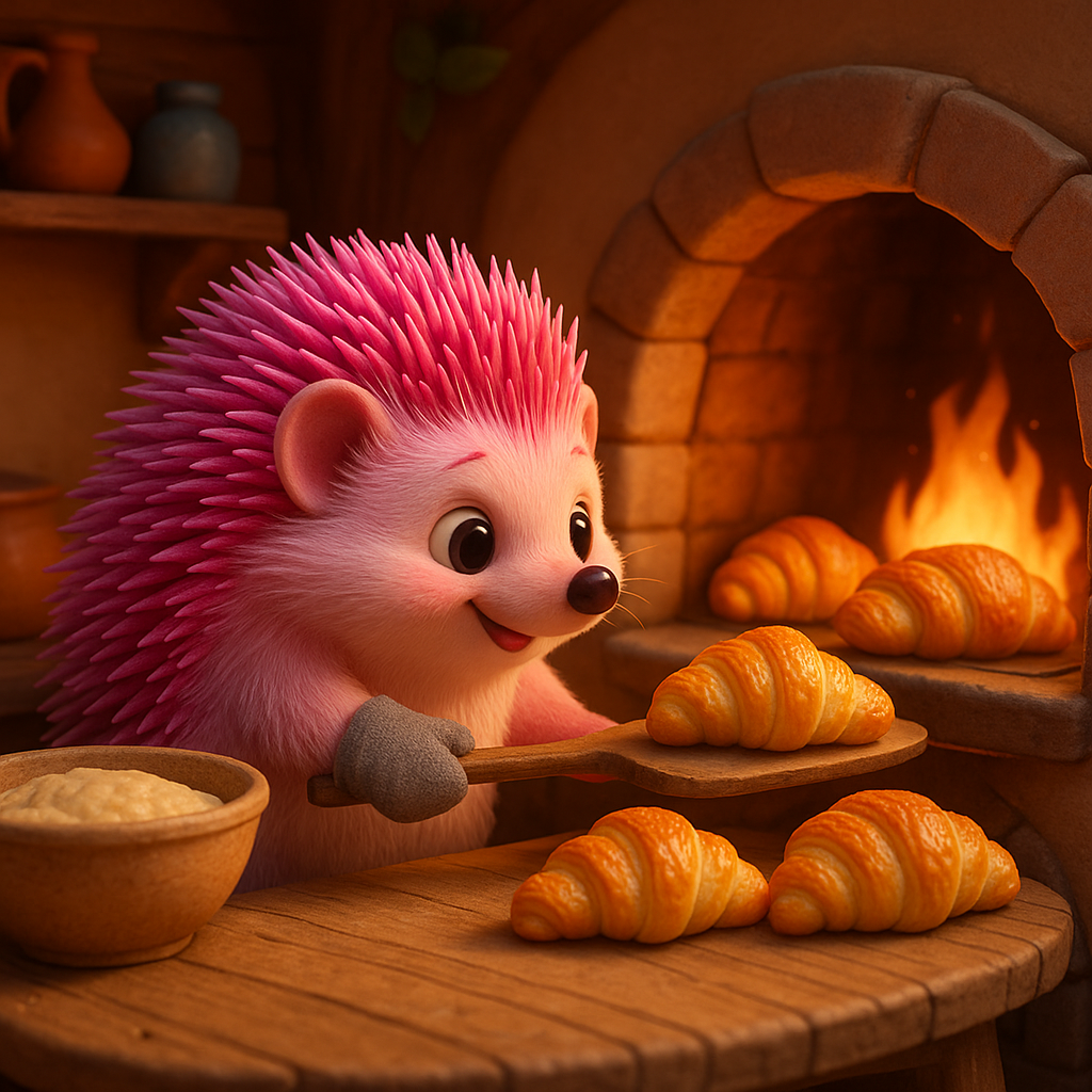 Little Croissant — a pink hedgehog baker